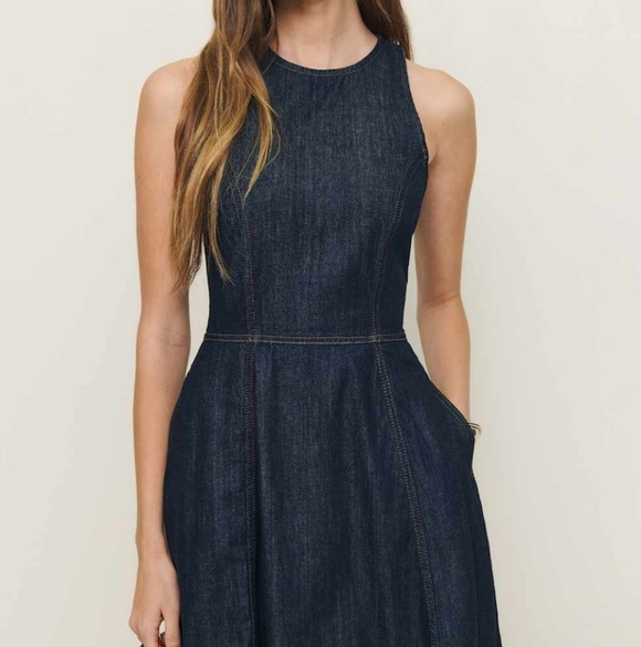 Reformation Pippa Sleeveless Denim Midi Dress Fit Flare A-Line Blue Liffey Wash - Picture 3 of 12